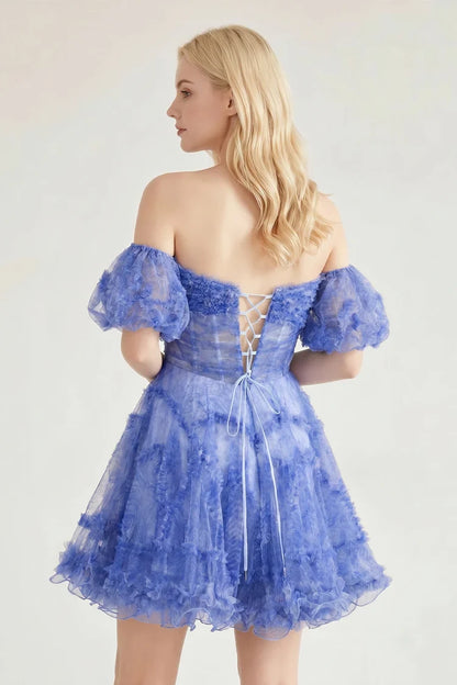 Charming A-Line Off-Shoulder Ruffled Puff-Sleeve Blue Short Homecoming Dress