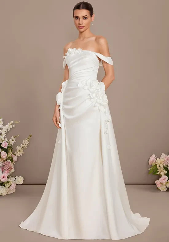 Charming A-Line Off-Shoulder Sleeveless Floral Ivory Long Wedding Dresses Bridal Gown