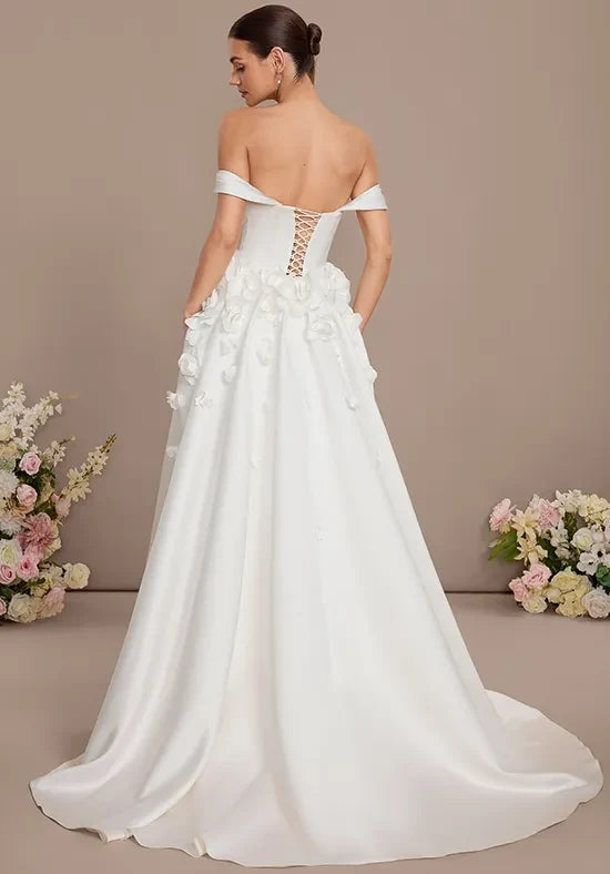 Charming A-Line Off-Shoulder Sleeveless Floral Ivory Long Wedding Dresses Bridal Gown