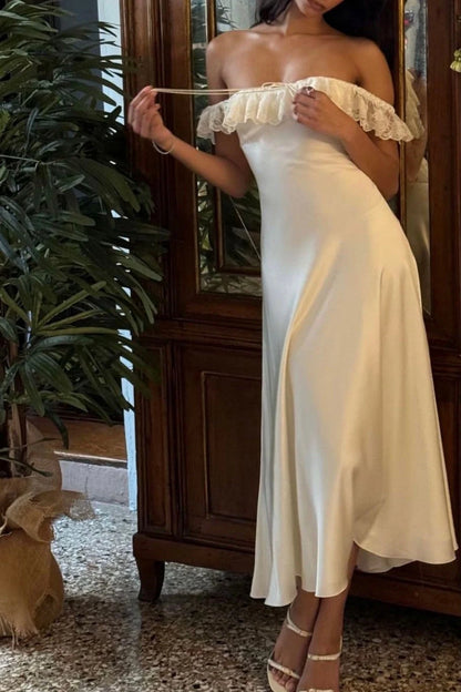 Charming A-Line Off-Shoulder Sleeveless Lace Ruffle Ivory Midi Prom Dresses Women