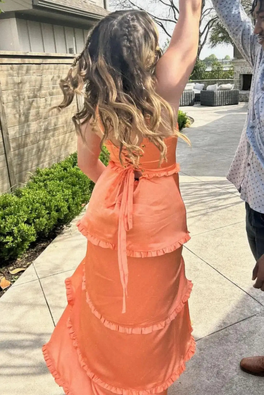Charming A-Line Scoop Sleeveless Ruffled Tiered Orange Long Prom Dresses Women Gown