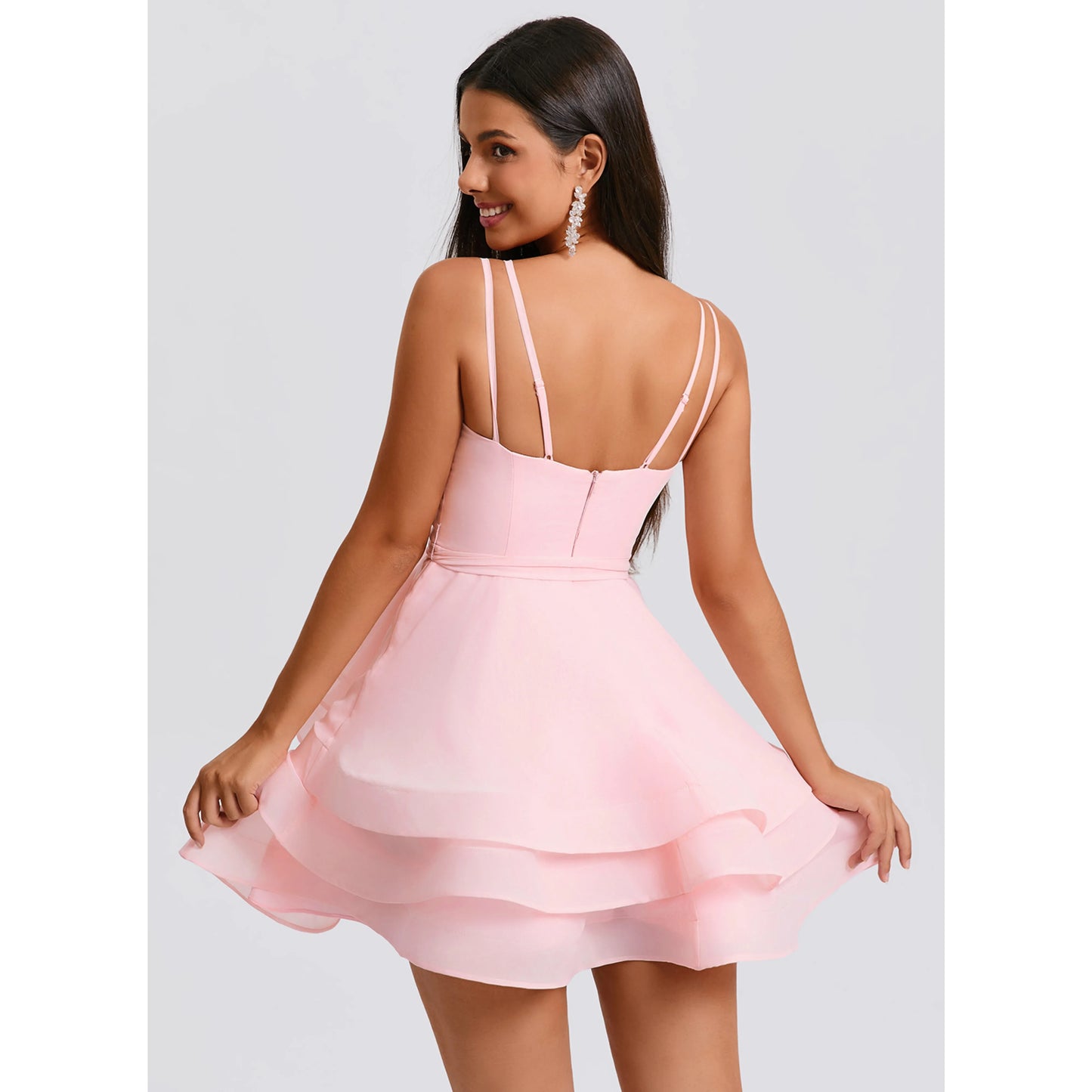 Charming A-Line Spaghetti Strap Sleeveless Tiered Pink Short Homecoming Dress