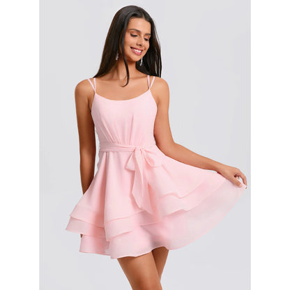 Charming A-Line Spaghetti Strap Sleeveless Tiered Pink Short Homecoming Dress