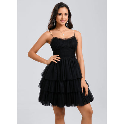 Charming A-Line Spaghetti Strap Sleeveless Tiered Ruffled Black Short Homecoming Dress