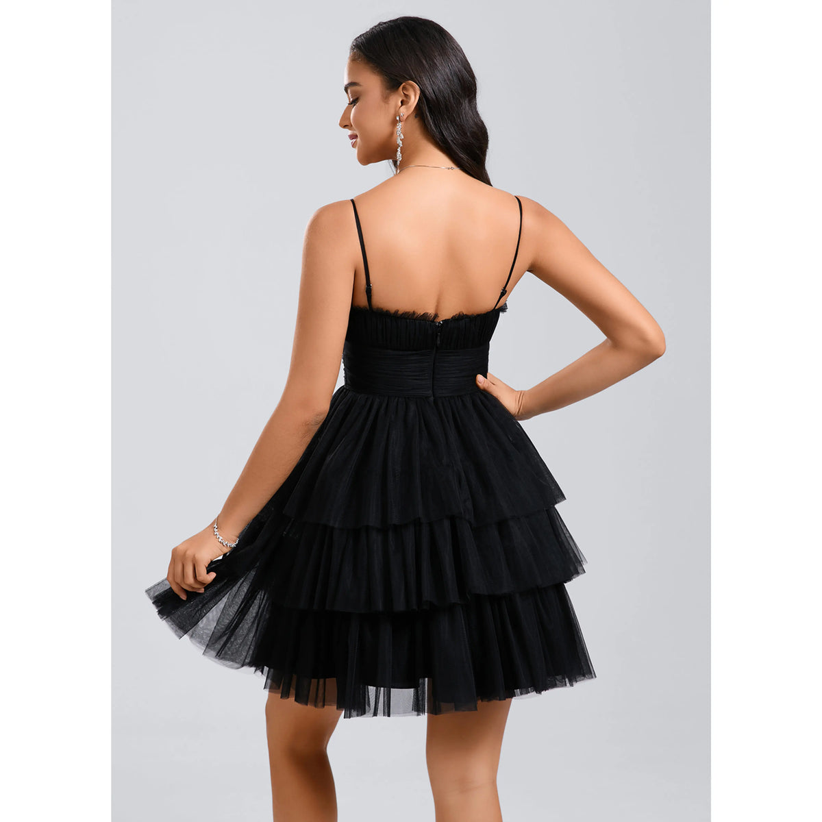 Charming A-Line Spaghetti Strap Sleeveless Tiered Ruffled Black Short Homecoming Dress