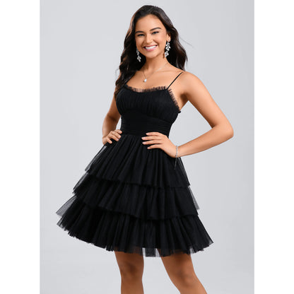 Charming A-Line Spaghetti Strap Sleeveless Tiered Ruffled Black Short Homecoming Dress