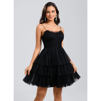 Charming A-Line Spaghetti Strap Sleeveless Tiered Ruffled Black Short Homecoming Dress