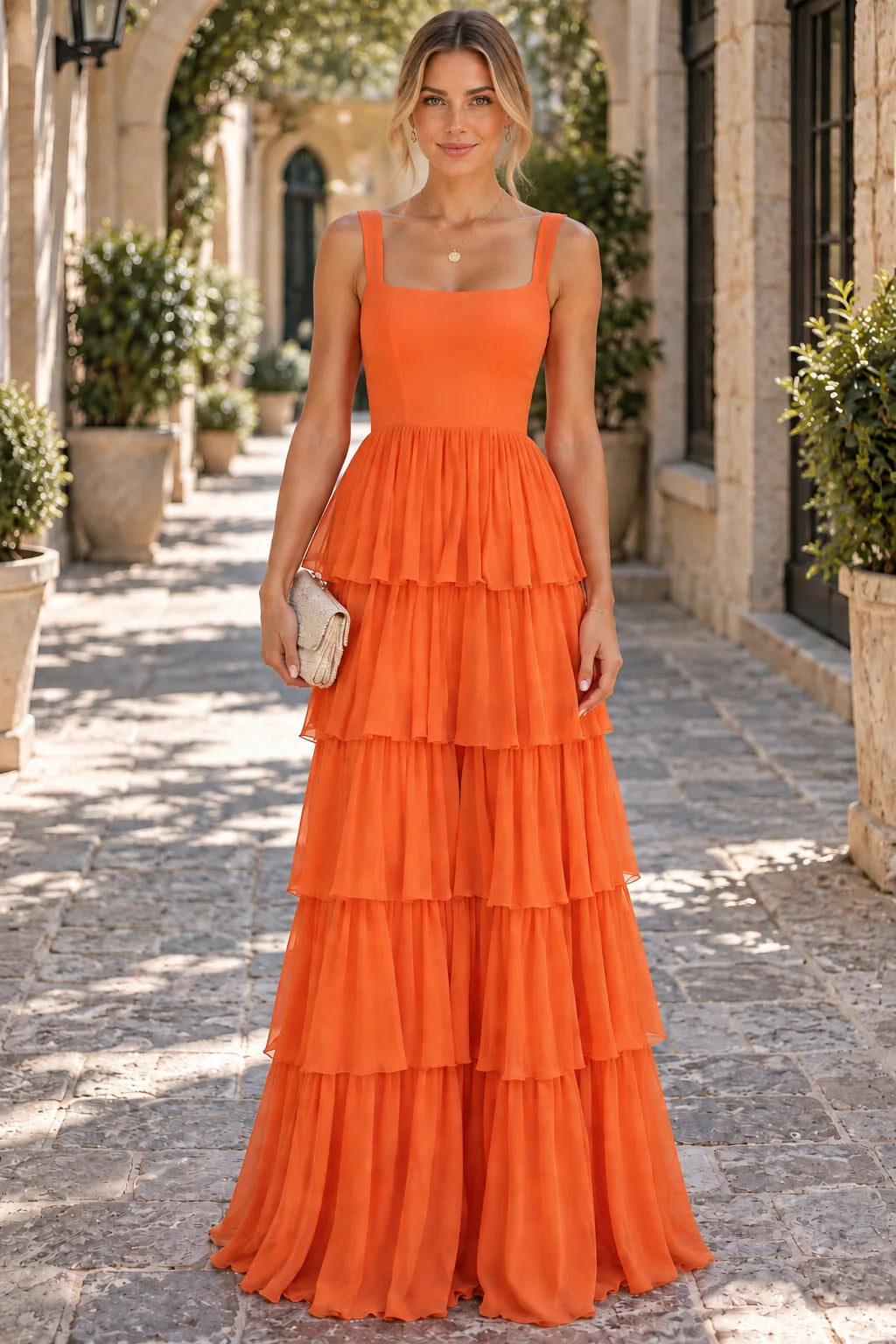 Charming A-Line Square-Neck Sleeveless Tiered Backless Orange Maxi Prom Dresses Women