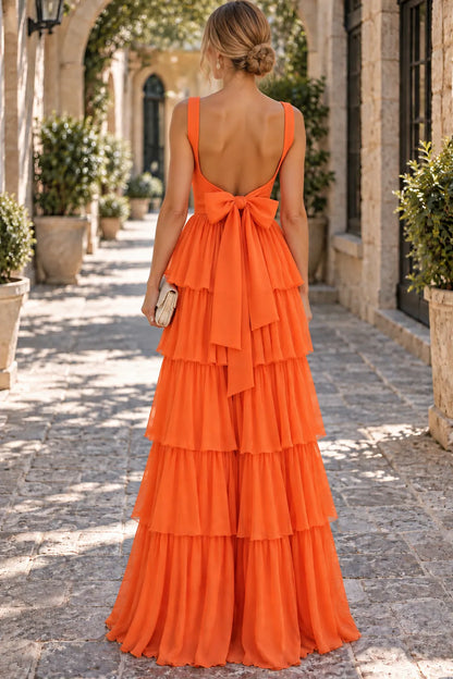 Charming A-Line Square-Neck Sleeveless Tiered Backless Orange Maxi Prom Dresses Women