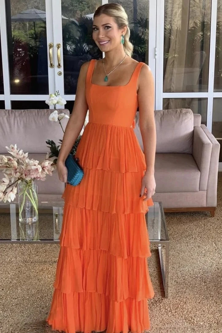 Charming A-Line Square-Neck Sleeveless Tiered Backless Orange Maxi Prom Dresses Women