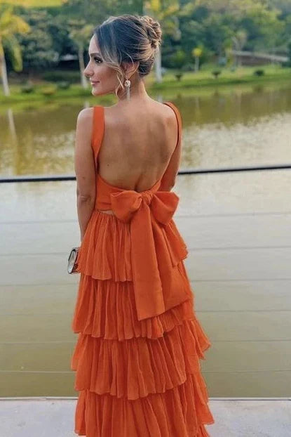 Charming A-Line Square-Neck Sleeveless Tiered Backless Orange Maxi Prom Dresses Women