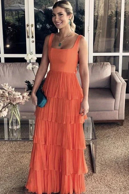 Charming A-Line Square-Neck Sleeveless Tiered Backless Orange Maxi Prom Dresses Women