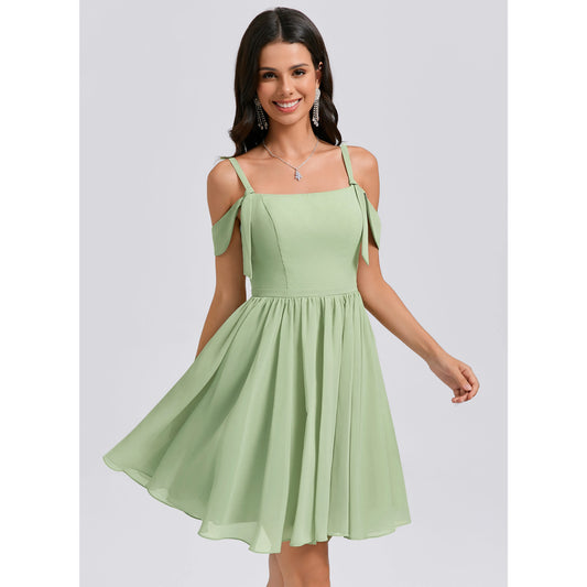 Charming A-Line Square Neck Off-Shoulder Elegant Flowy Sage Short Homecoming Dresses Women's Gown