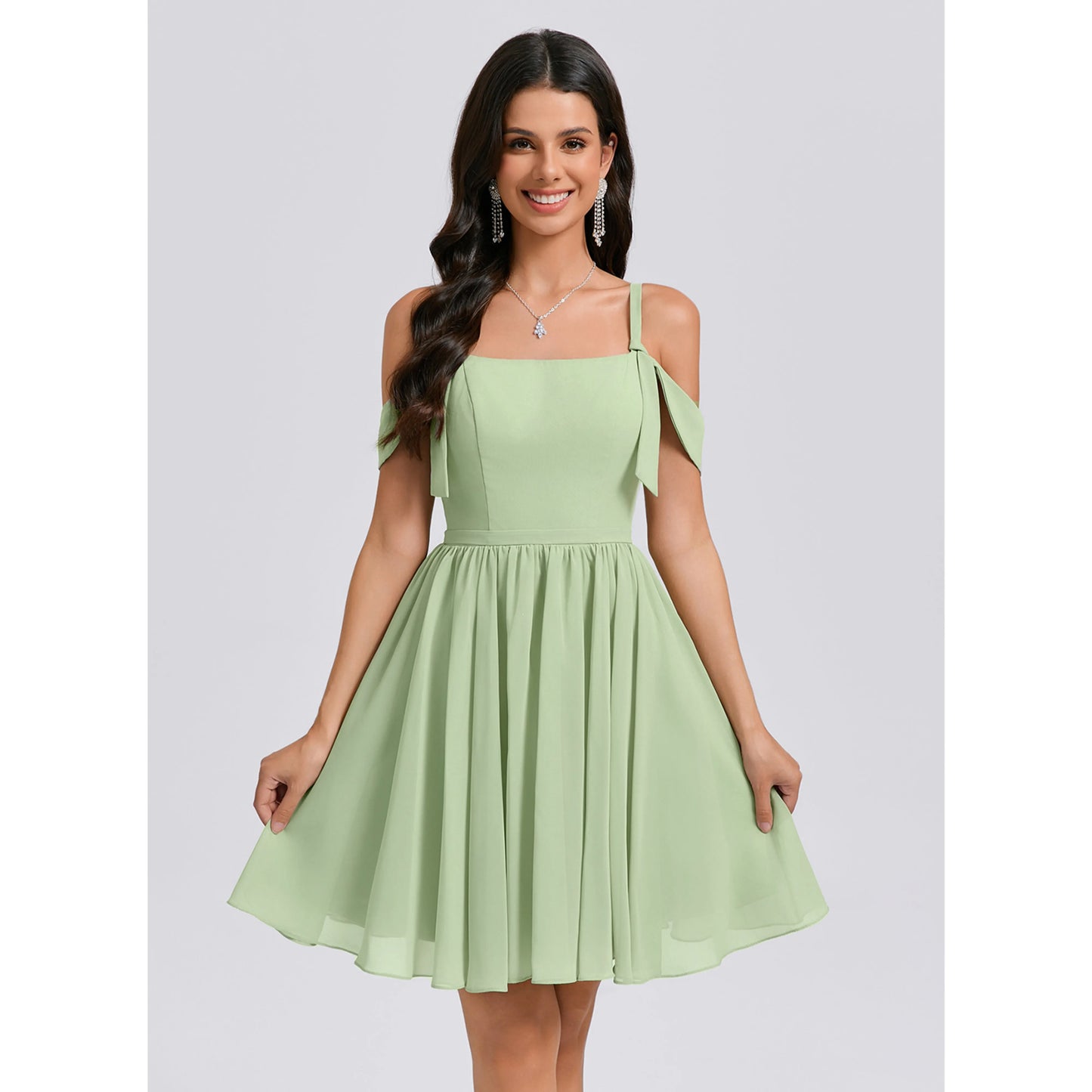 Charming A-Line Square Neck Off Shoulder Ruffled Mint Green Short Homecoming Dress