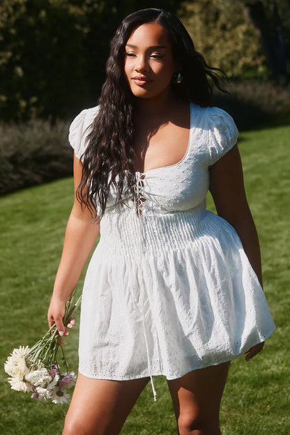 Charming A-Line Square Neck Puff Sleeve Eyelet White Mini Homecoming Dress