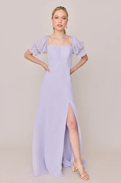 Charming A-Line Square Neck Puff Sleeve Flowy Romantic Lavender Floor-Length Bridesmaid Gown