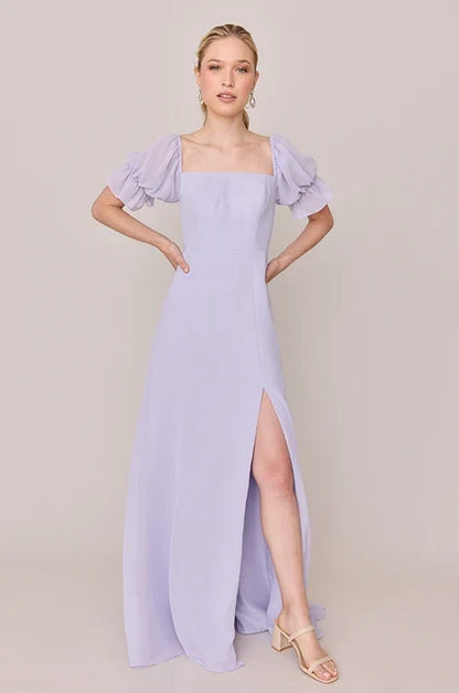Charming A-Line Square Neck Puff Sleeve Flowy Romantic Lavender Floor-Length Bridesmaid Gown
