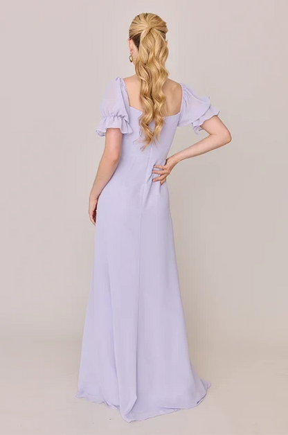Charming A-Line Square Neck Puff Sleeve Flowy Romantic Lavender Floor-Length Bridesmaid Gown