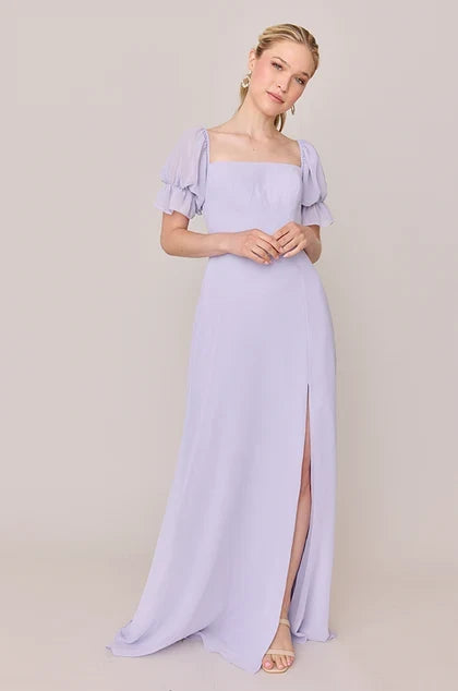 Charming A-Line Square Neck Puff Sleeve Flowy Romantic Lavender Floor-Length Bridesmaid Gown