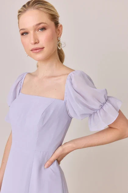 Charming A-Line Square Neck Puff Sleeve Flowy Romantic Lavender Floor-Length Bridesmaid Gown