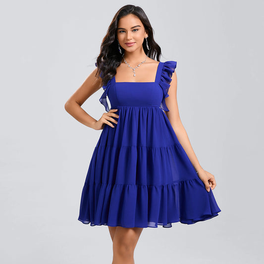 Charming A-Line Square Neck Ruffled Sleeveless Tiered Royal Blue Short Homecoming Dress