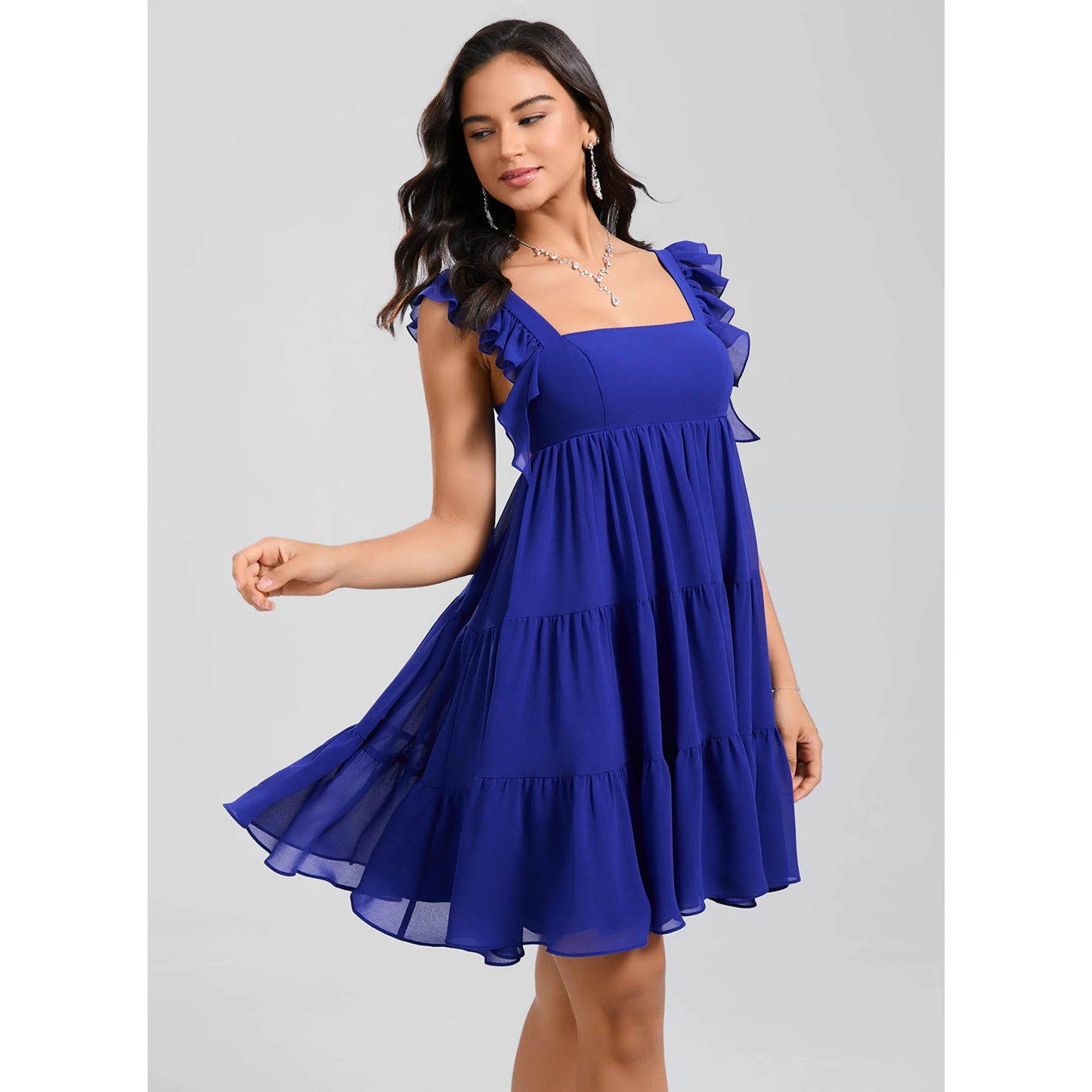 Charming A-Line Square Neck Ruffled Sleeveless Tiered Royal Blue Short Homecoming Dress