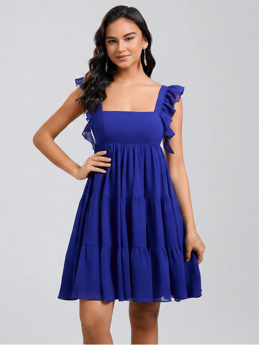 Charming A-Line Square Neck Ruffled Sleeves Backless Royal Blue Short Homecoming Dress