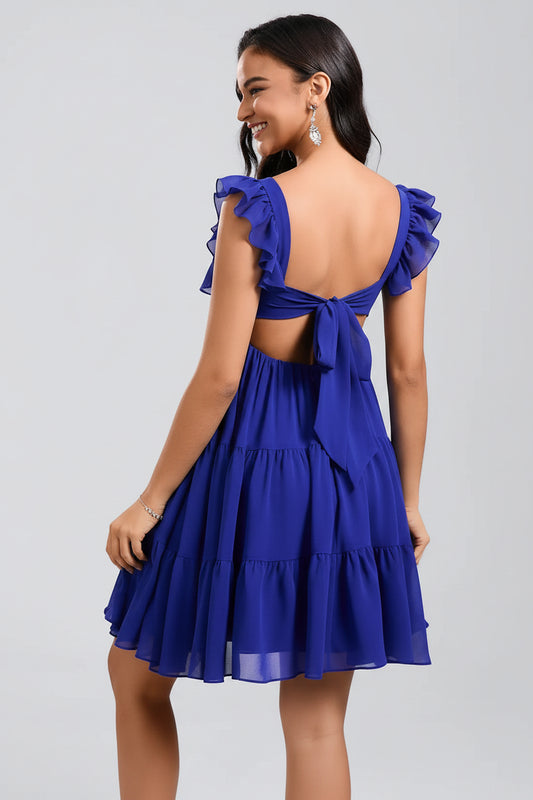 Charming A-Line Square Neck Ruffled Sleeves Backless Royal Blue Short Homecoming Dress