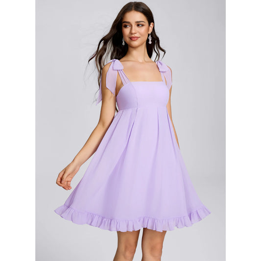 Charming A-Line Square Neck Sleeveless Ruffled Tie-Shoulder Lavender Short Homecoming Dress