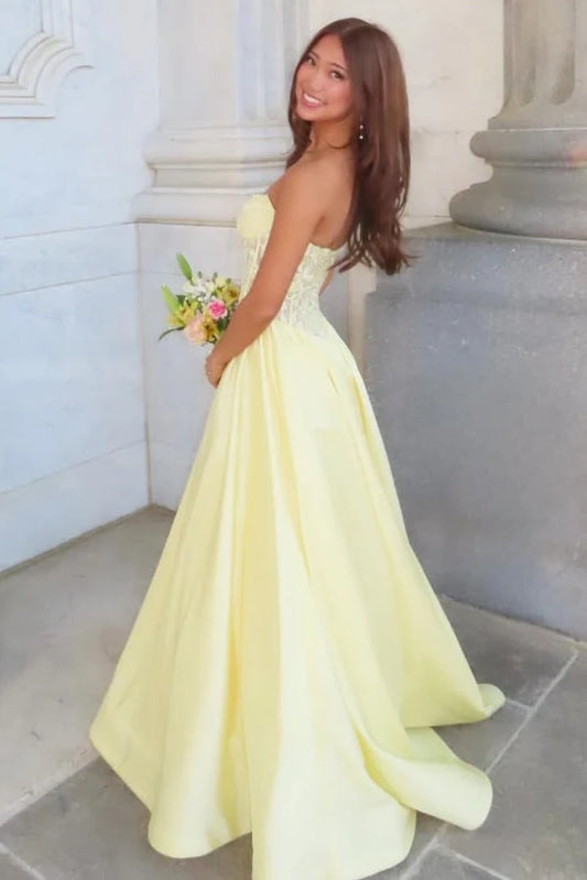 Charming A-Line Strapless Sleeveless Corset Applique Yellow Long Prom Dresses Women