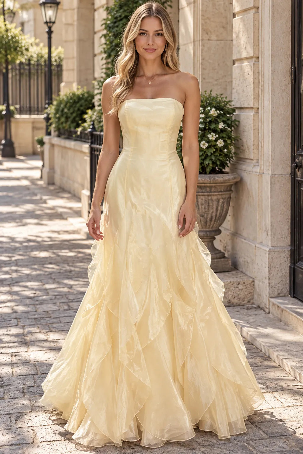 Charming A-Line Strapless Sleeveless Corset Ruffled Yellow Floor-Length Prom Dresses Women