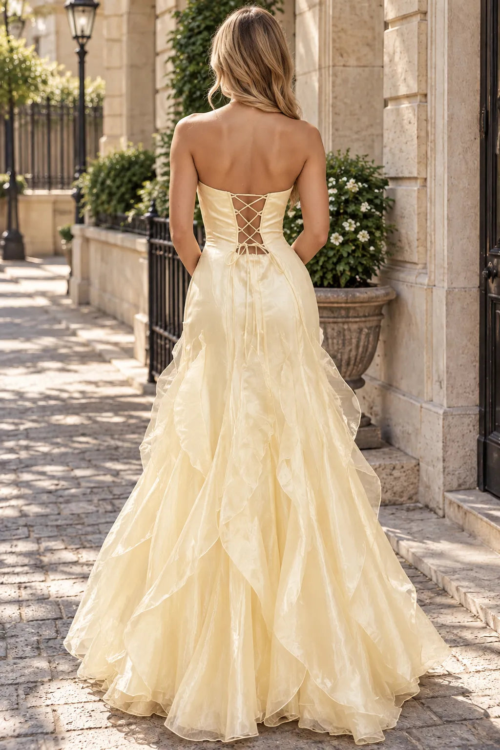 Charming A-Line Strapless Sleeveless Corset Ruffled Yellow Floor-Length Prom Dresses Women