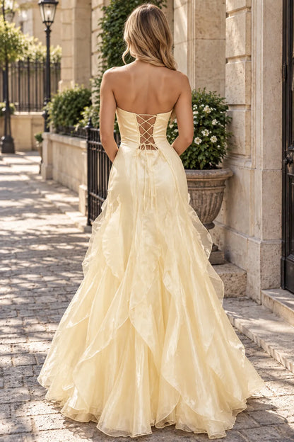Charming A-Line Strapless Sleeveless Corset Ruffled Yellow Floor-Length Prom Dresses Women