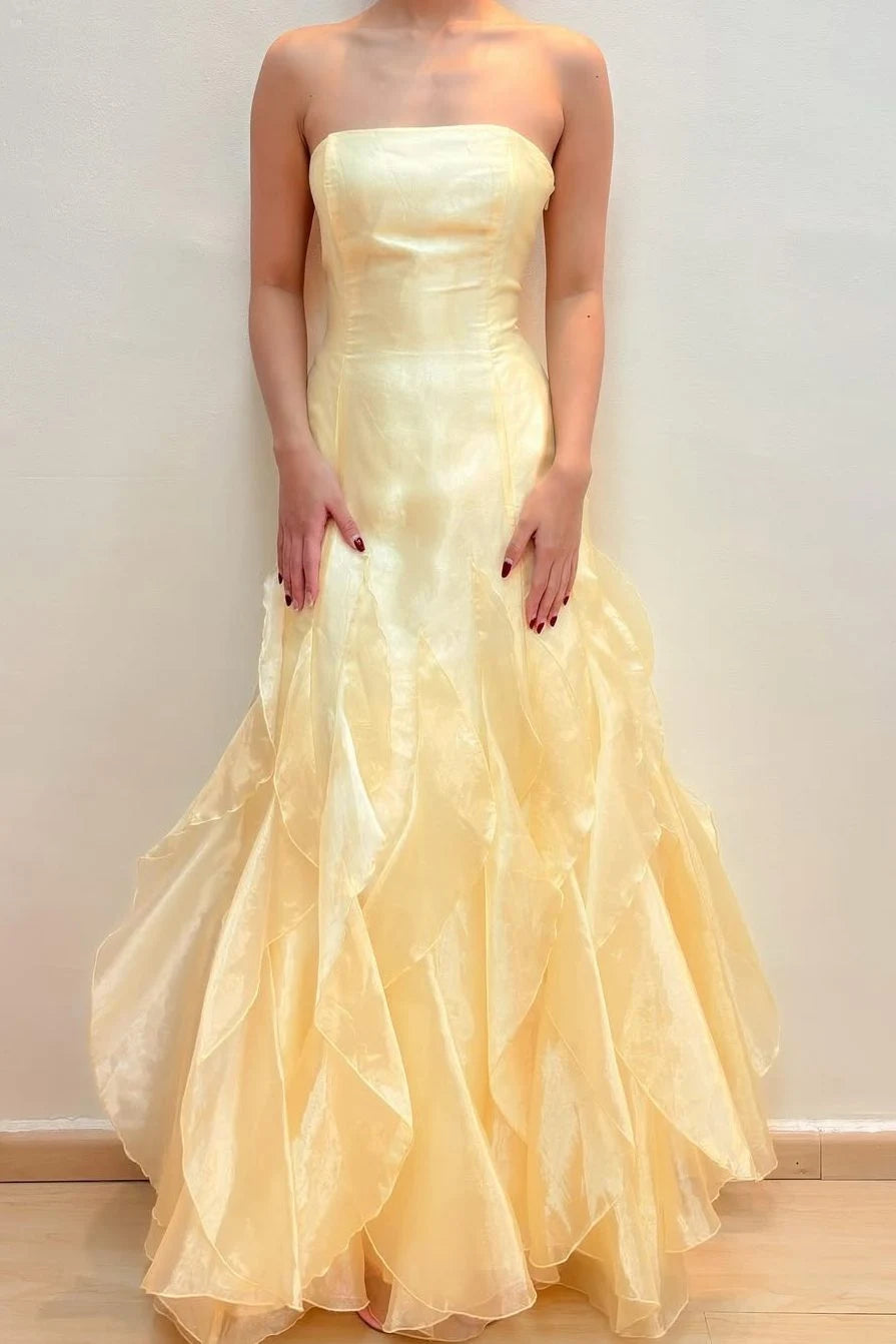 Charming A-Line Strapless Sleeveless Corset Ruffled Yellow Floor-Length Prom Dresses Women