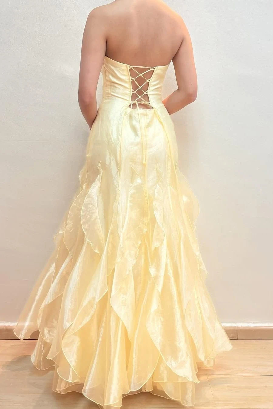 Charming A-Line Strapless Sleeveless Corset Ruffled Yellow Floor-Length Prom Dresses Women