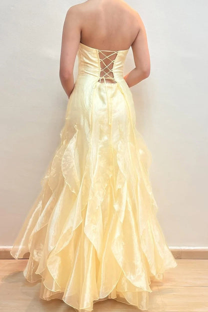Charming A-Line Strapless Sleeveless Corset Ruffled Yellow Floor-Length Prom Dresses Women