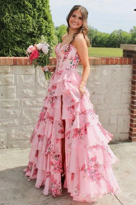 Charming A-Line Strapless Sleeveless Floral Tiered Pink Long Prom Dresses Gown