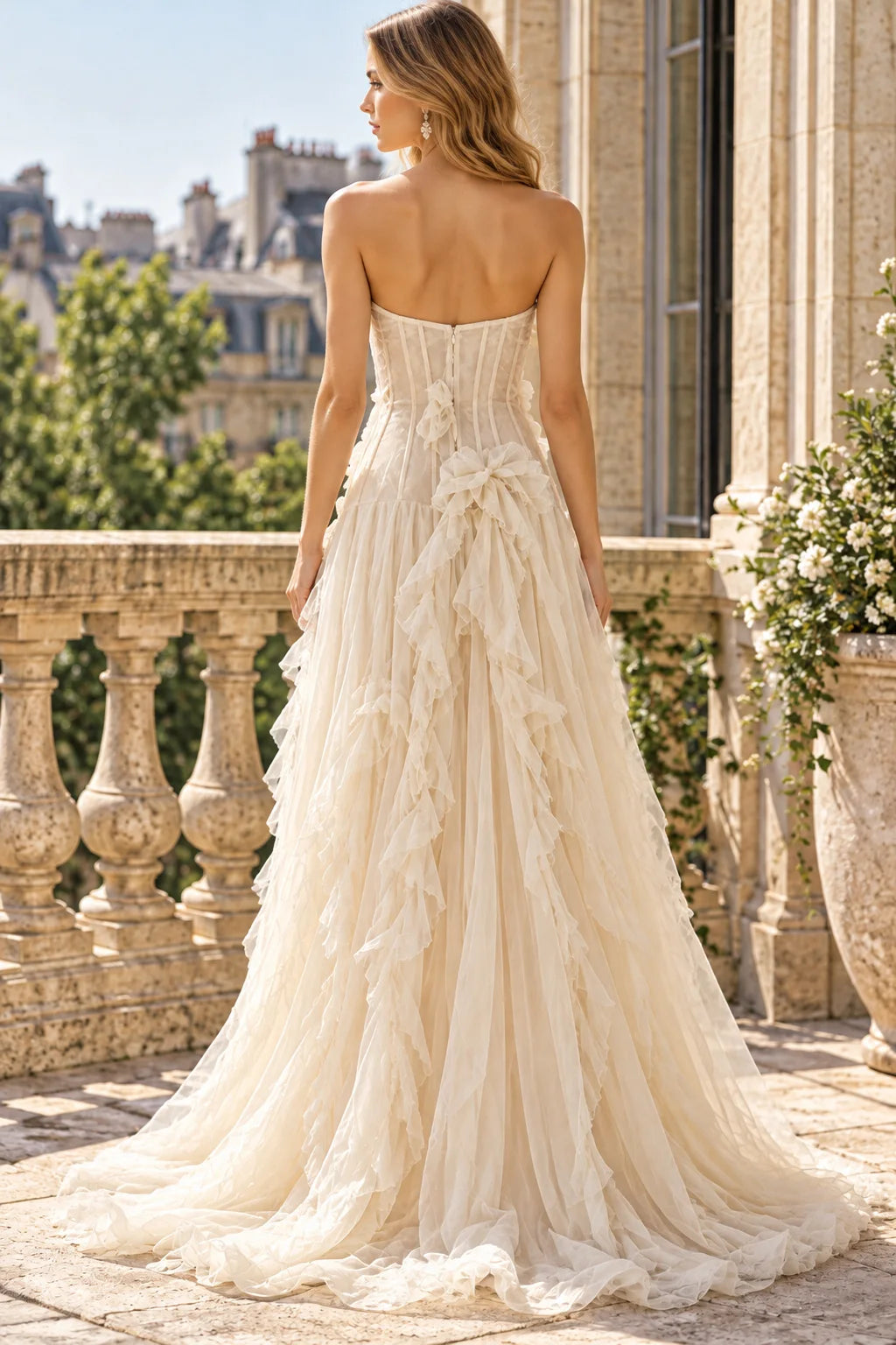 Charming A-Line Strapless Sleeveless Ruffled Slit Champagne Long Prom Dresses Women