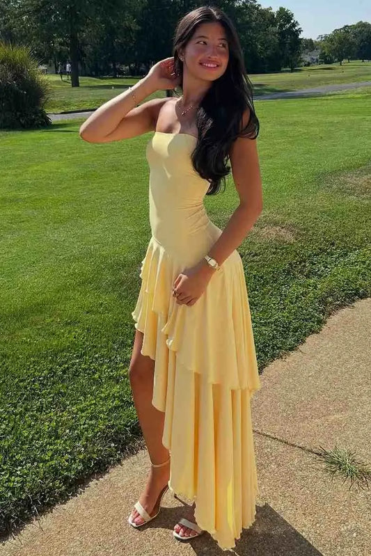 Charming A-Line Strapless Sleeveless Tiered Ruffled Yellow High-Low Prom Dresses Gown