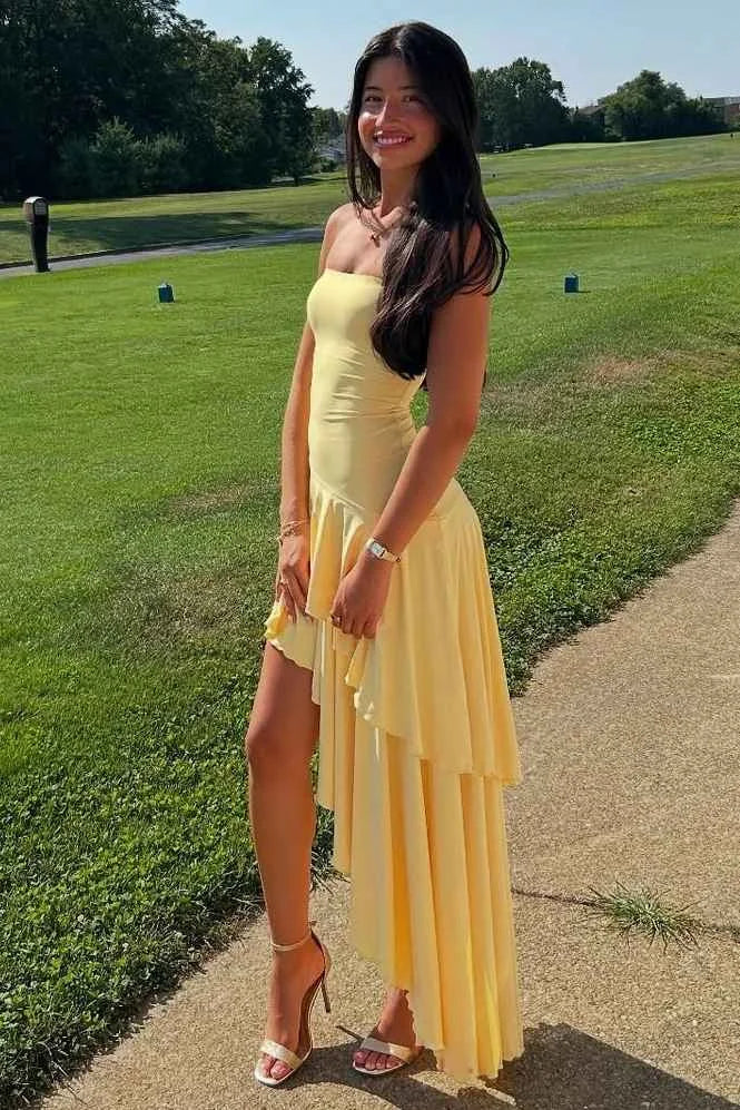 Charming A-Line Strapless Sleeveless Tiered Ruffled Yellow High-Low Prom Dresses Gown