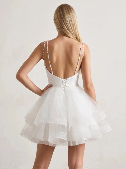 Charming A-Line Sweetheart Beaded Tiered White Short Homecoming Dress
