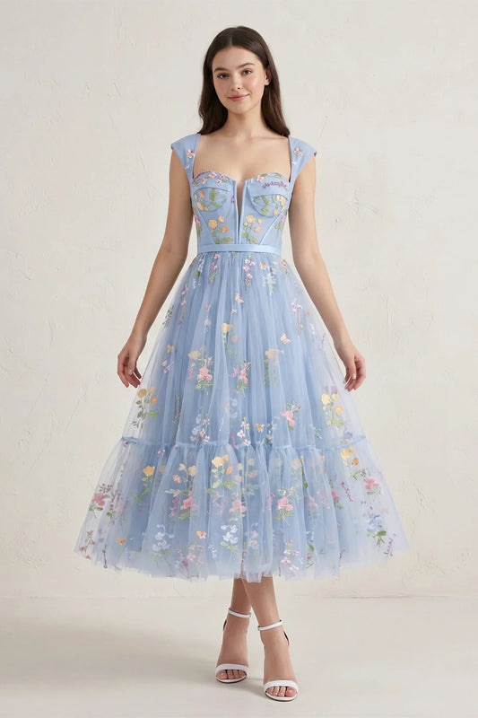 Charming A-Line Sweetheart Cap-Sleeve Floral Tiered Dusty Blue Midi Homecoming Dress