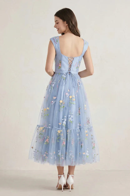Charming A-Line Sweetheart Cap-Sleeve Floral Tiered Dusty Blue Midi Homecoming Dress
