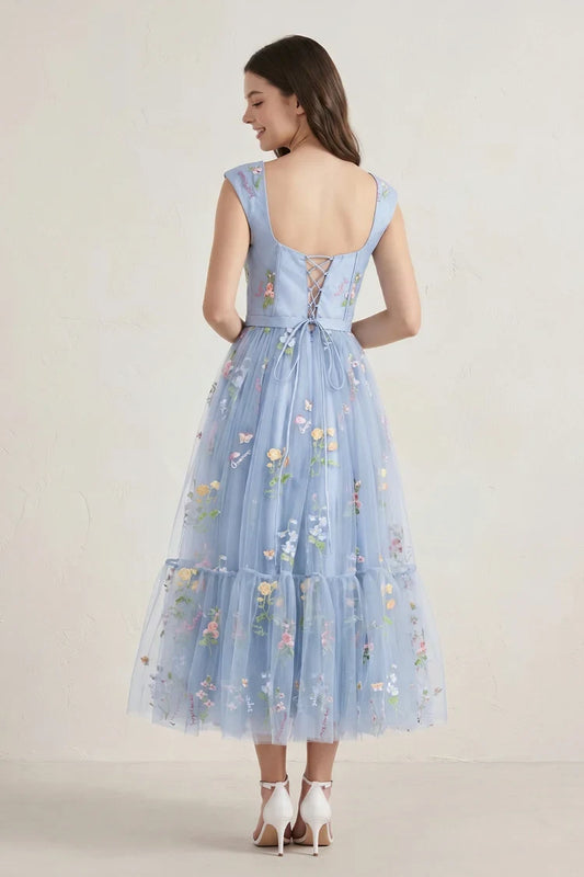 Charming A-Line Sweetheart Cap-Sleeve Floral Tiered Dusty Blue Midi Homecoming Dress
