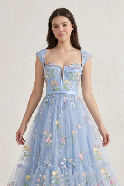Charming A-Line Sweetheart Cap-Sleeve Floral Tiered Dusty Blue Midi Homecoming Dress