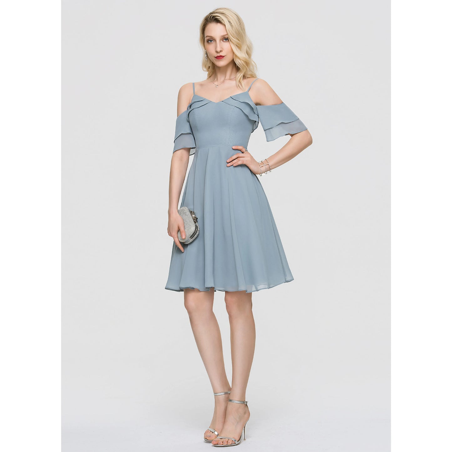 Charming A-Line Sweetheart Off-Shoulder Ruffled Dusty Blue Short Homecoming Dress