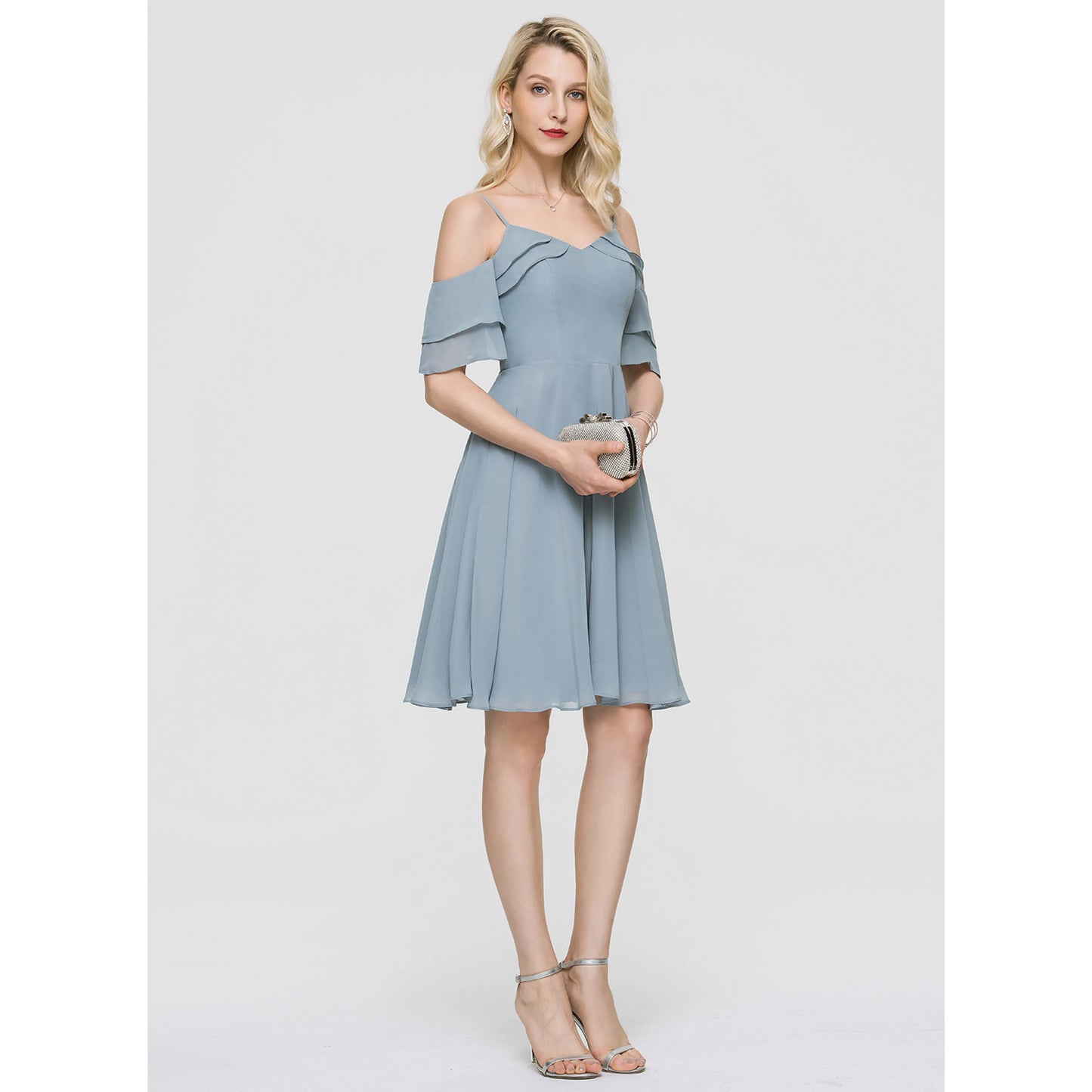 Charming A-Line Sweetheart Off-Shoulder Ruffled Dusty Blue Short Homecoming Dress