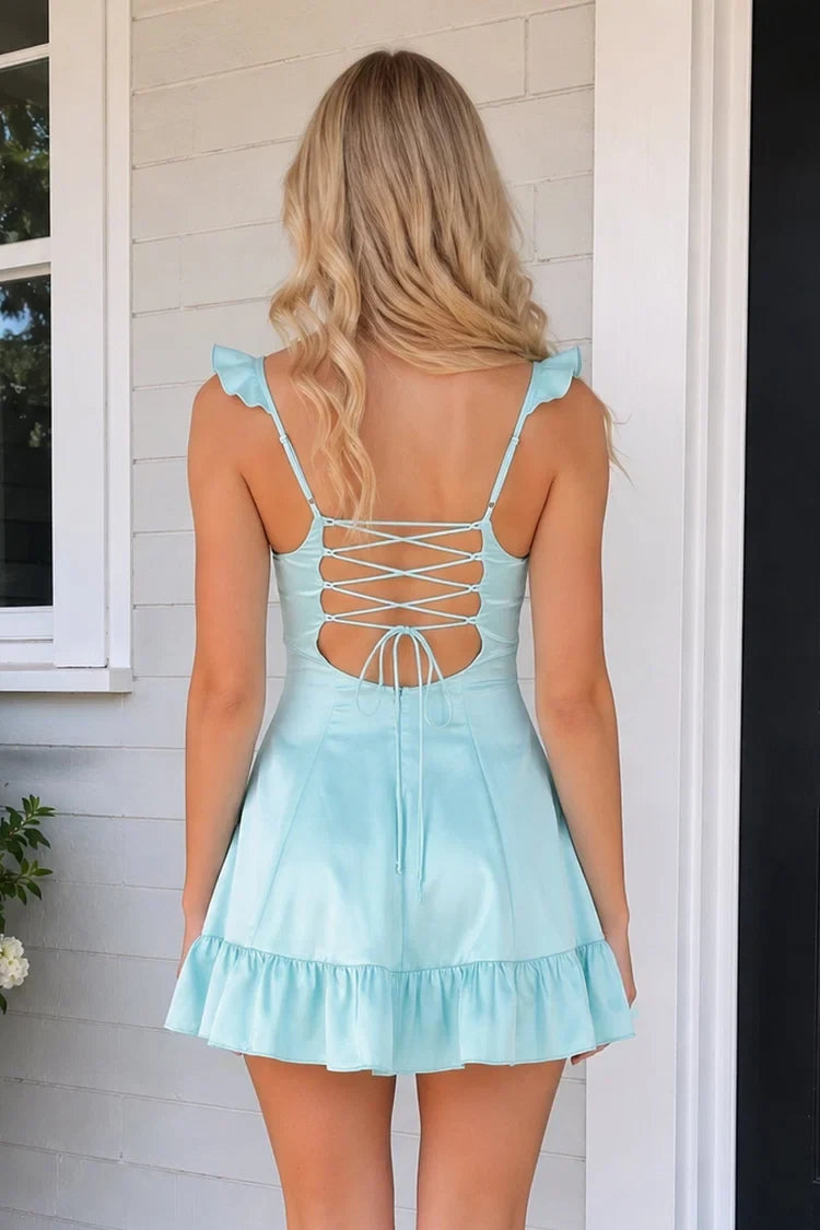 Charming A-Line Sweetheart Ruffled Lace-Up Aqua Mini Homecoming Dress