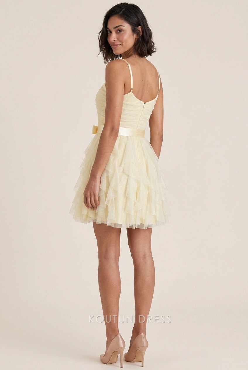 Charming A-Line Sweetheart Ruffled Tiered Light Yellow Short Homecoming Dresses