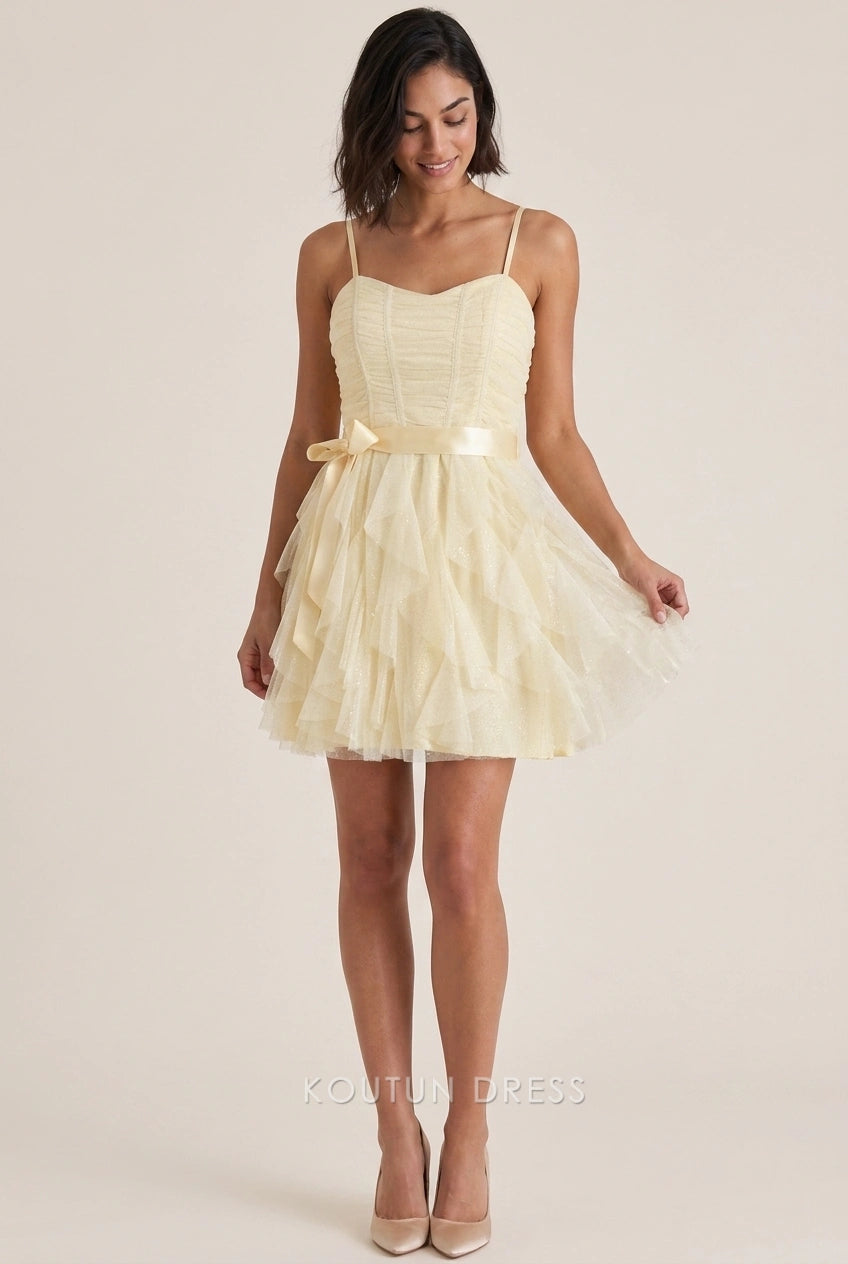 Charming A-Line Sweetheart Ruffled Tiered Light Yellow Short Homecoming Dresses